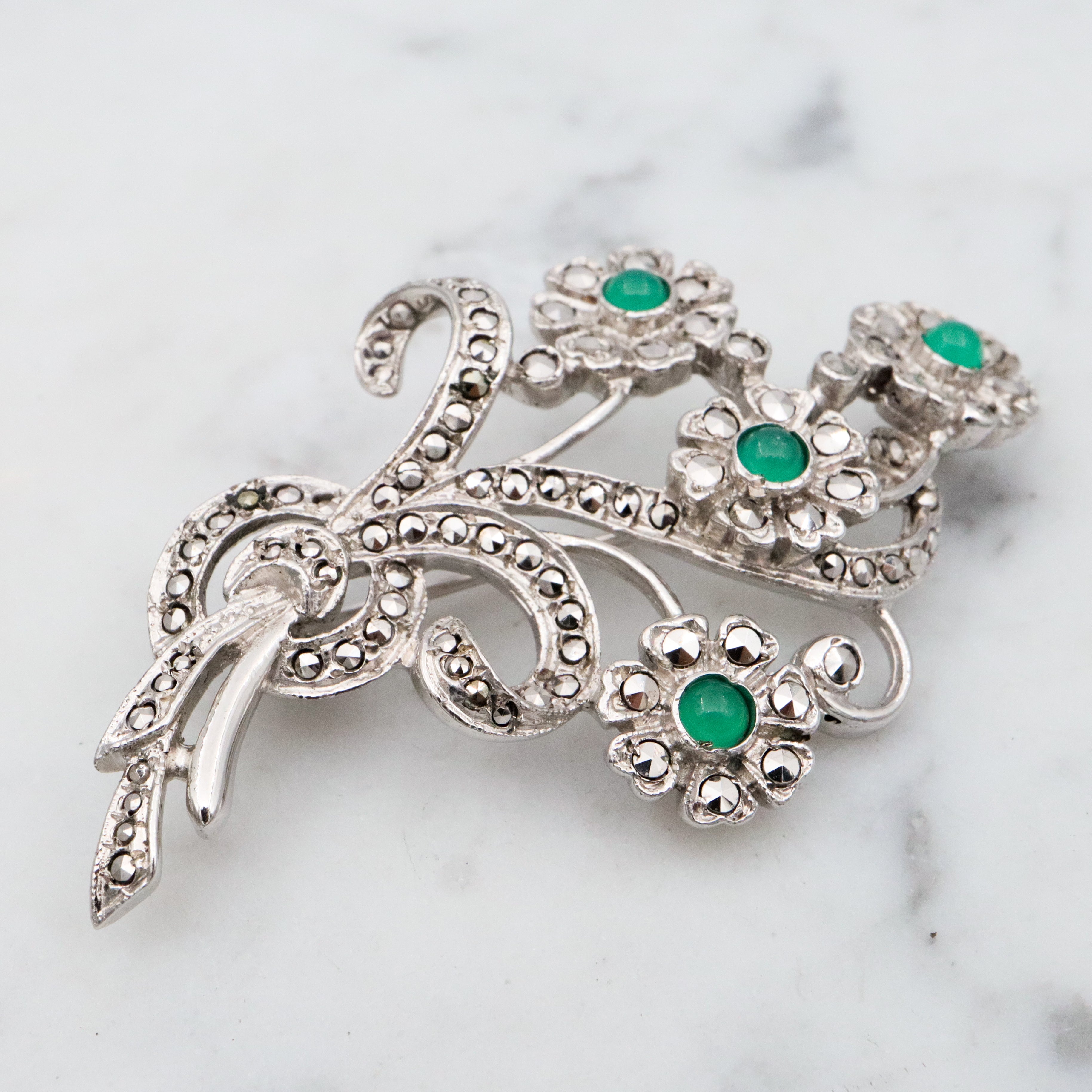 Antique Art Deco sterling marcasite flower brooch w/chrysoprase by Bliss Brothers